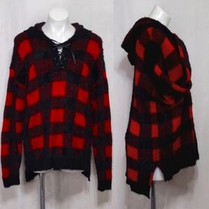 Rock & Republic Plaid Fuzzy Pullover Lace-Up Hooded Sweater Cardigan L Cozy Chic
